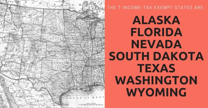 A map of the United States of America showing the seven income-tax exempt states: Alaska, Florida, Nevada, South Dakota, Texas, Washington, and Wyoming.