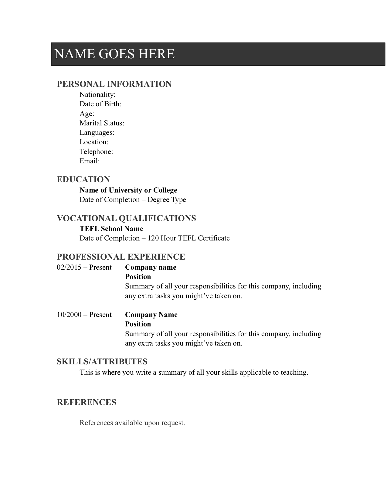 sample teaching resume CV