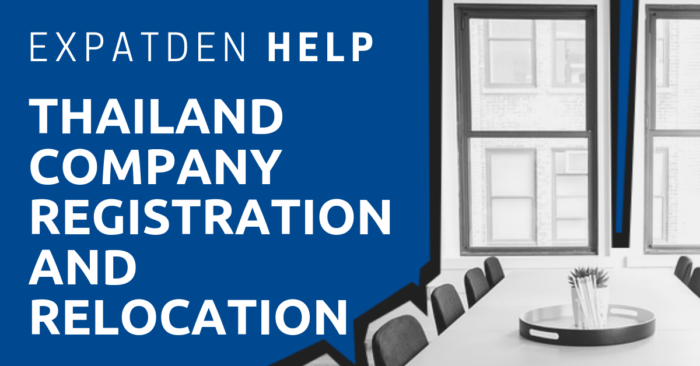 An office table and chairs with the title, ExpatDen: Thailand Company Registration and Relocation