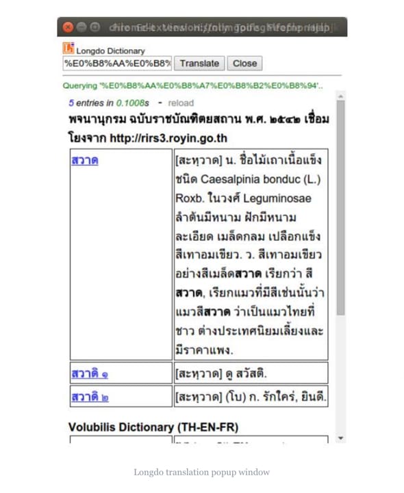 Ventana emergente de traducción de Longdo Aprendizaje Rápido