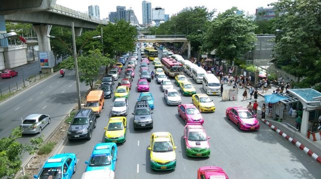 A line of traffic stretching down a main road.