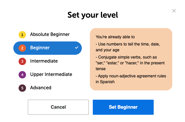 set your level Spanishpod101