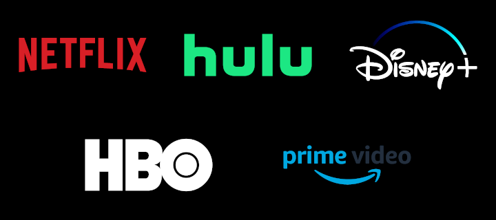 Logos of Netflix, Hulu, Disney+, HBO, and Prime Video