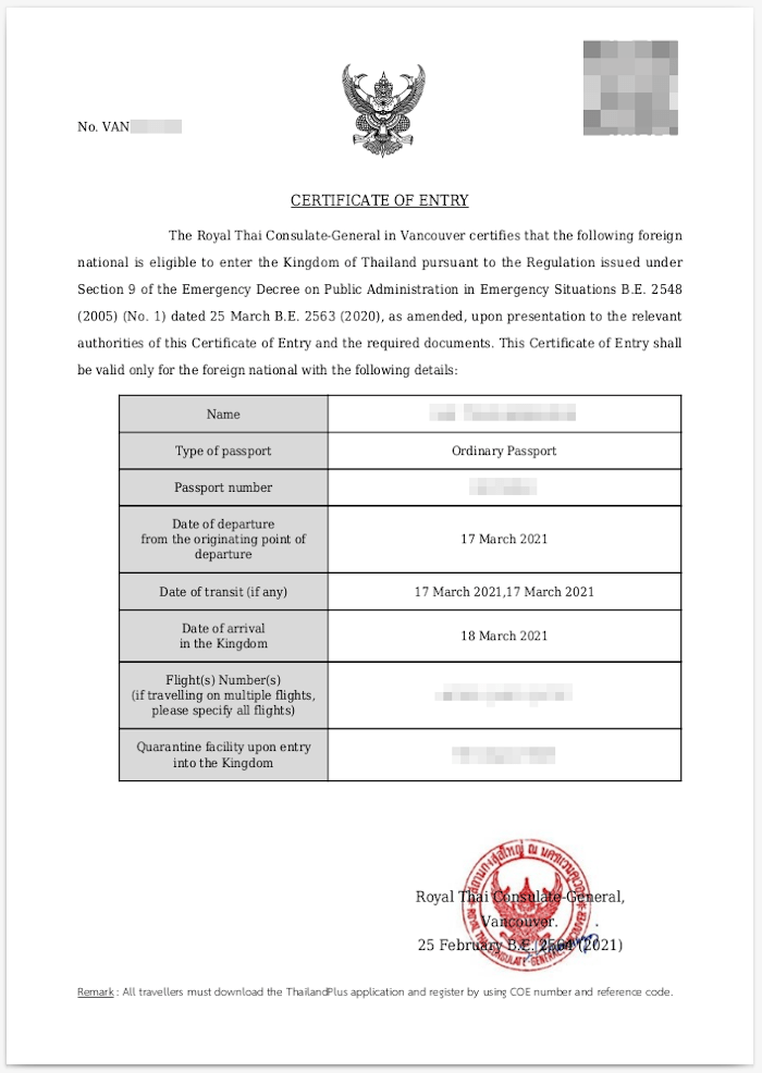 Sample of Certificate of Entry for Thailand