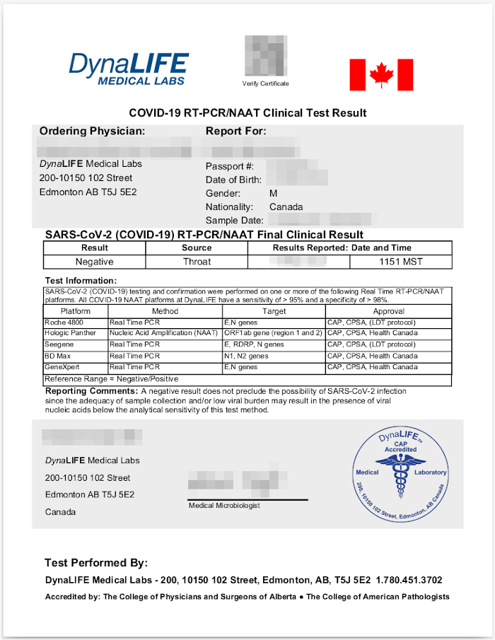 Sample of Negative COVID-19 Test from Canada