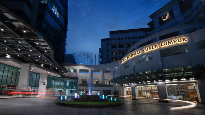 Nighttime view of Pantai Hospital in Kuala Lumpur Malaysia