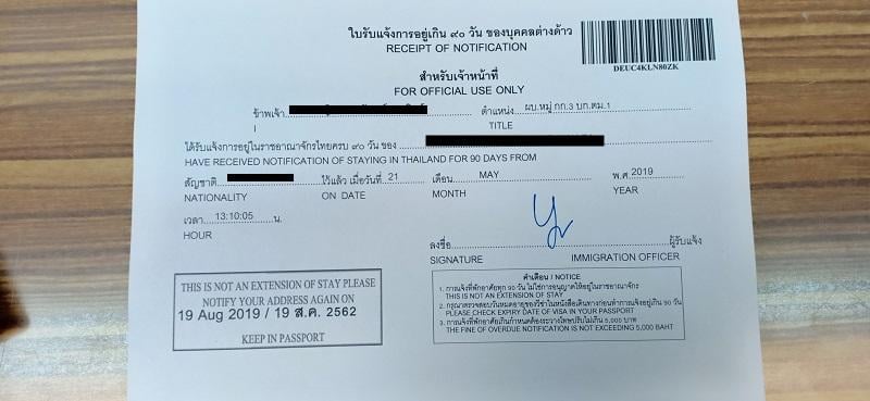 Receipt of Notification 90-Day Reporting Bangkok