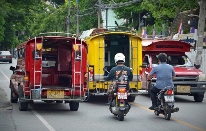 Red truck and yellow truck in Chiang Mai 