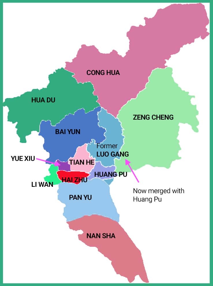 A map of Guangzhou with districts labeled 