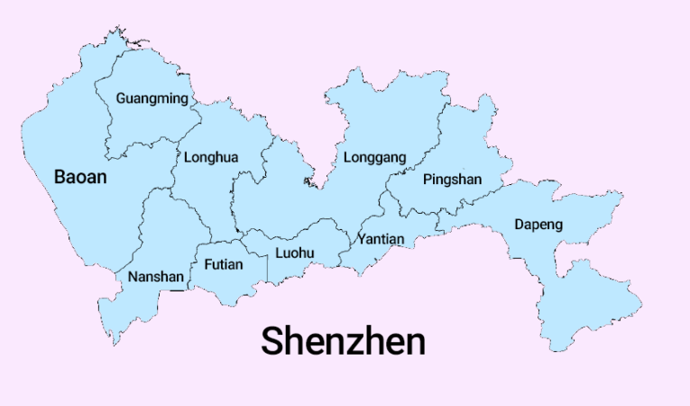 Pink and blue map of the ten districts in Shenzhen 