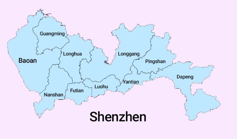 Pink and blue map of the ten districts in Shenzhen