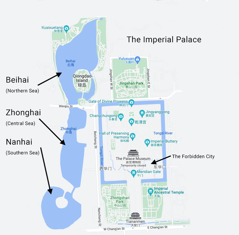 A map of the centre of Beijing and the parks near the Forbidden City. 