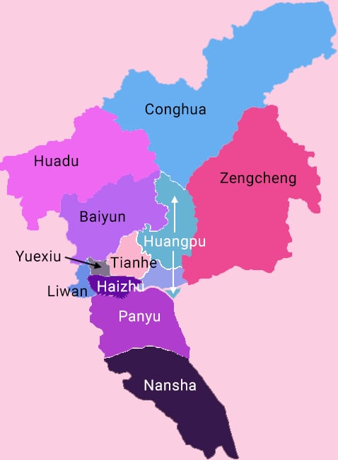 Map of Guangzhou showing the districts. 