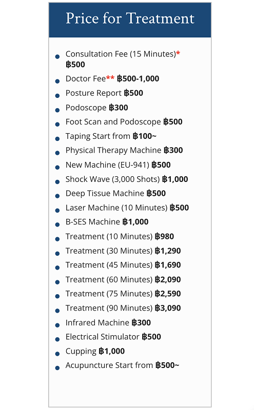 list of prices for Pain Away Clinic Bangkok 