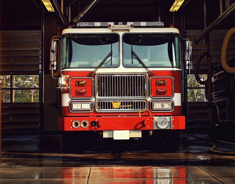 A red fire engine, ready to go.