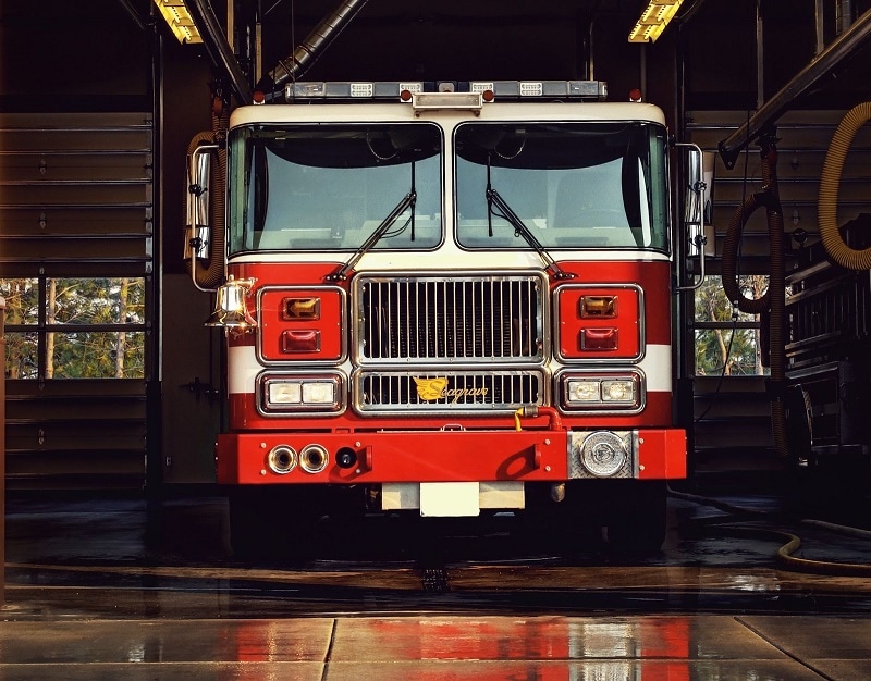 A red fire engine, ready to go. 