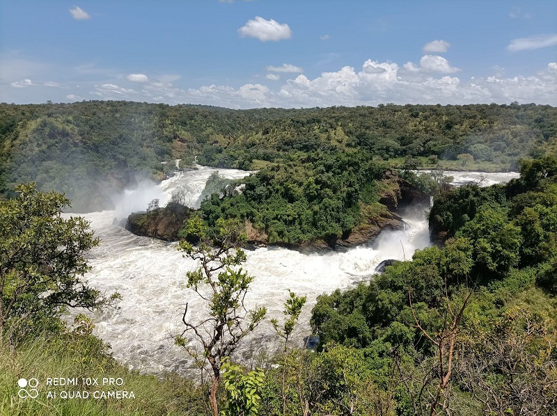 A photo of Murchison Falls in Uganda. white rushing waterfall with green trees ad hills.  