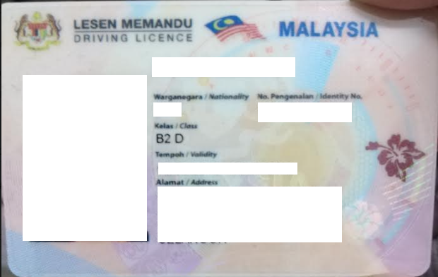 Malaysian driving license. 