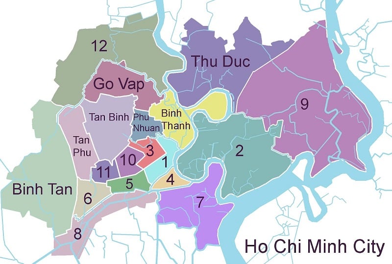 Map of Ho Chi Minh City with the main urban districts labeled. 