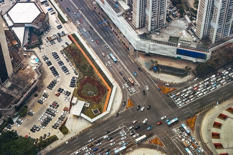 An arial shot looking down at a huge highway junction in China. 