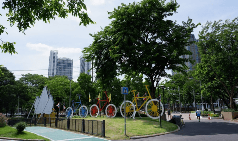 Bike sculptures and track in the bicycle area of the Wachirabenchathat section of Chatuchak Metro Park. 