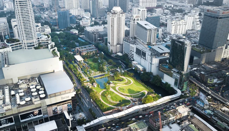 The park we aren't allowed to touch. Pathumwananurak Park view from the sky of the green space between high rises. 