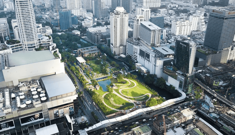 The park we aren't allowed to touch. Pathumwananurak Park view from the sky of the green space between high rises.