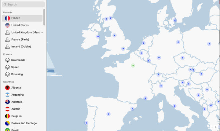 Choosing a server with NordVPN.