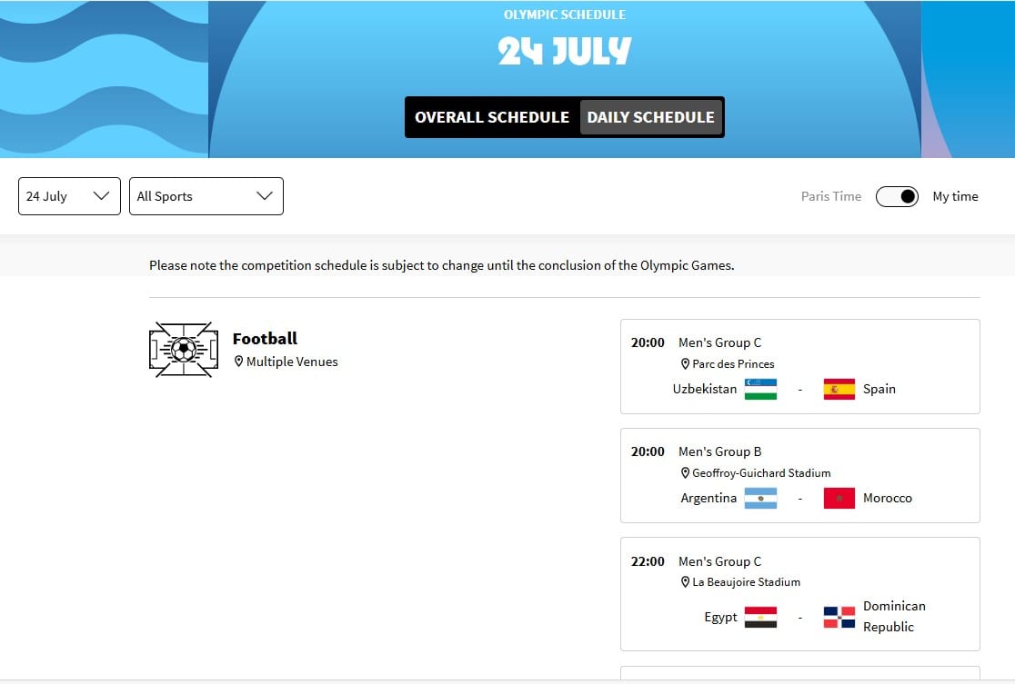 football daily schedule Olympics 2024