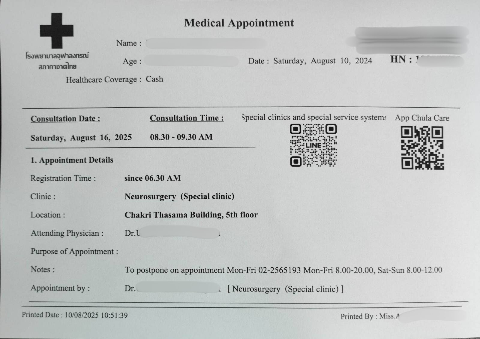 Recibo de cita en el Hospital Chulalongkorn