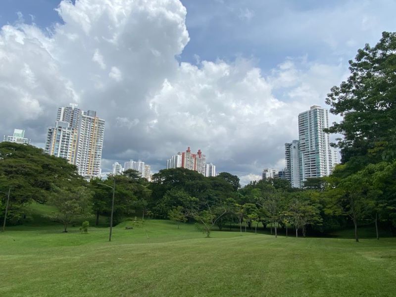 Green space and skyline at Parque Omar in Panama City