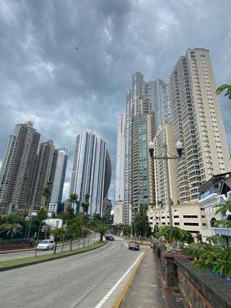 Panama City skyline at night viewed from Punta Pacifica neighborhood