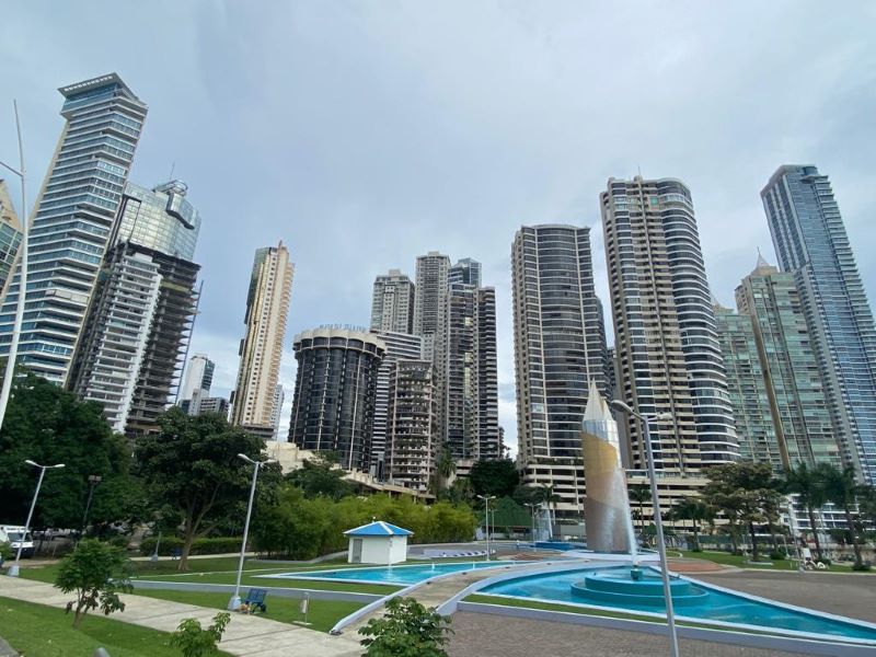 Panama City skyline seen from a park