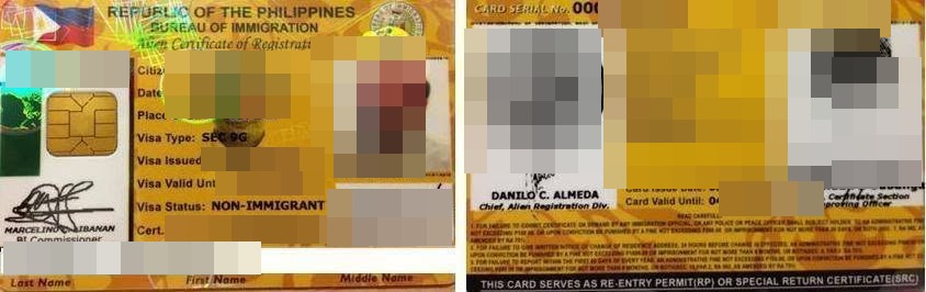 Front and back of a Philippine ACR I-Card with personal details redacted