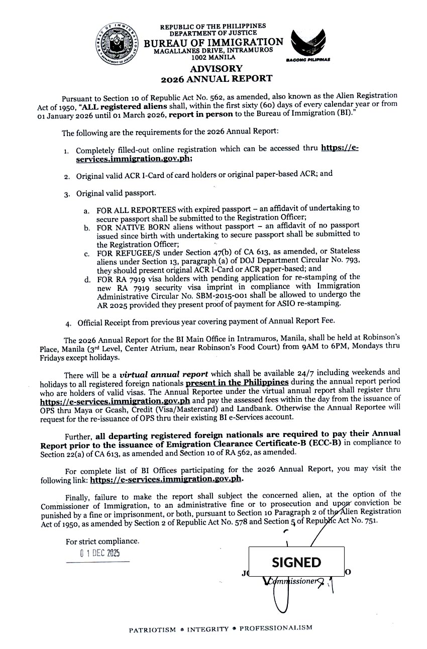 Bureau of Immigration official 2026 Annual Report advisory notice