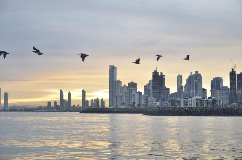 Panama City skyline at dusk seen across the bay
