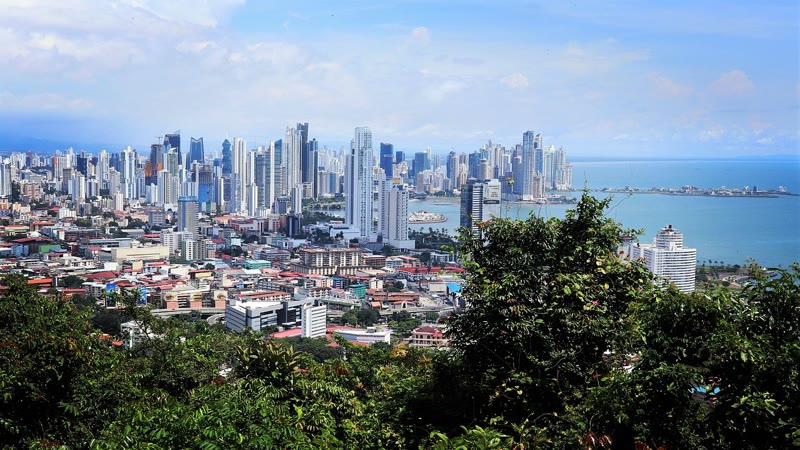 Panama City skyline viewed from a hilltop