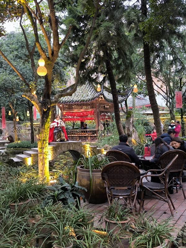 Traditional teahouse garden in Chengdu with hanging lanterns