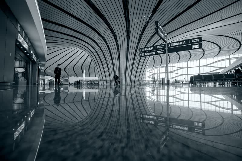 Interior of a large modern Chinese airport terminal