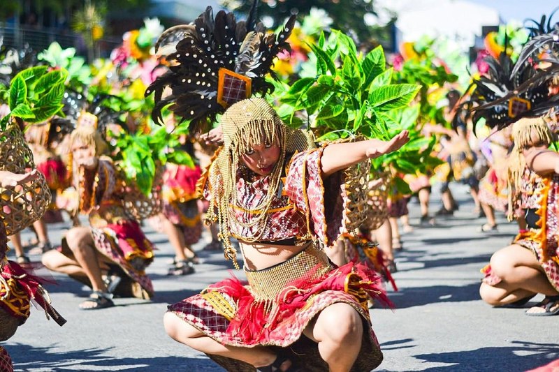 Street dancers in costume at the Kadayawan festival in Davao City