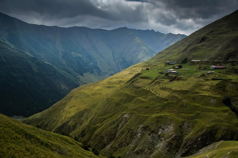 Stone towers and houses in a mountain village in the Georgian Caucasus