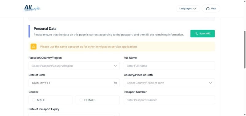The Personal Data fields on the official All Indonesia arrival card form