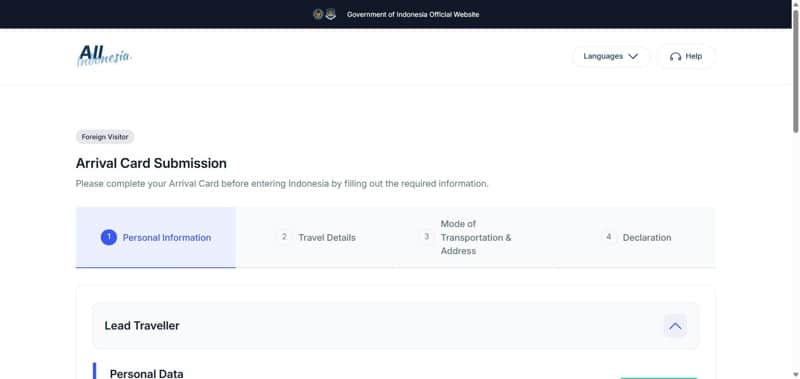 The four-step Arrival Card Submission process on the official portal