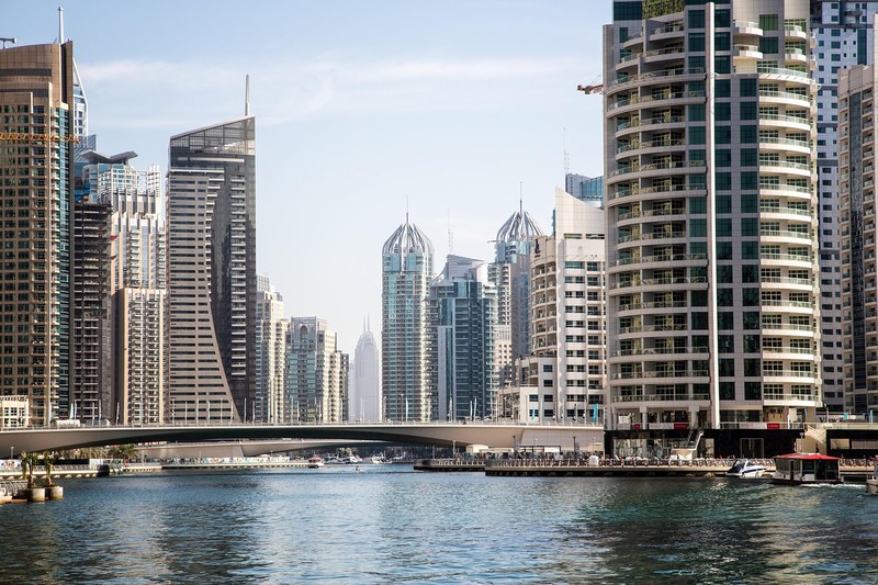 Apartment towers along the water in Dubai Marina
