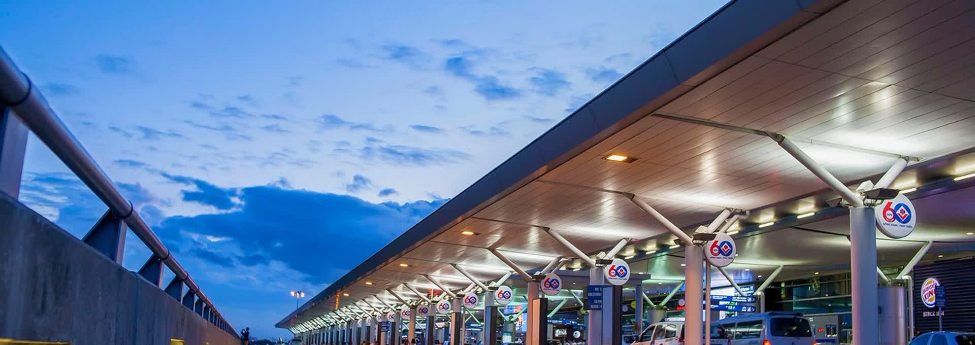 Vietnam international airport arrivals area at dusk