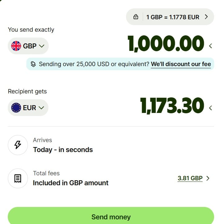 Calculadora de Wise: 1.000 GBP a EUR con 3,81 GBP de comisiones